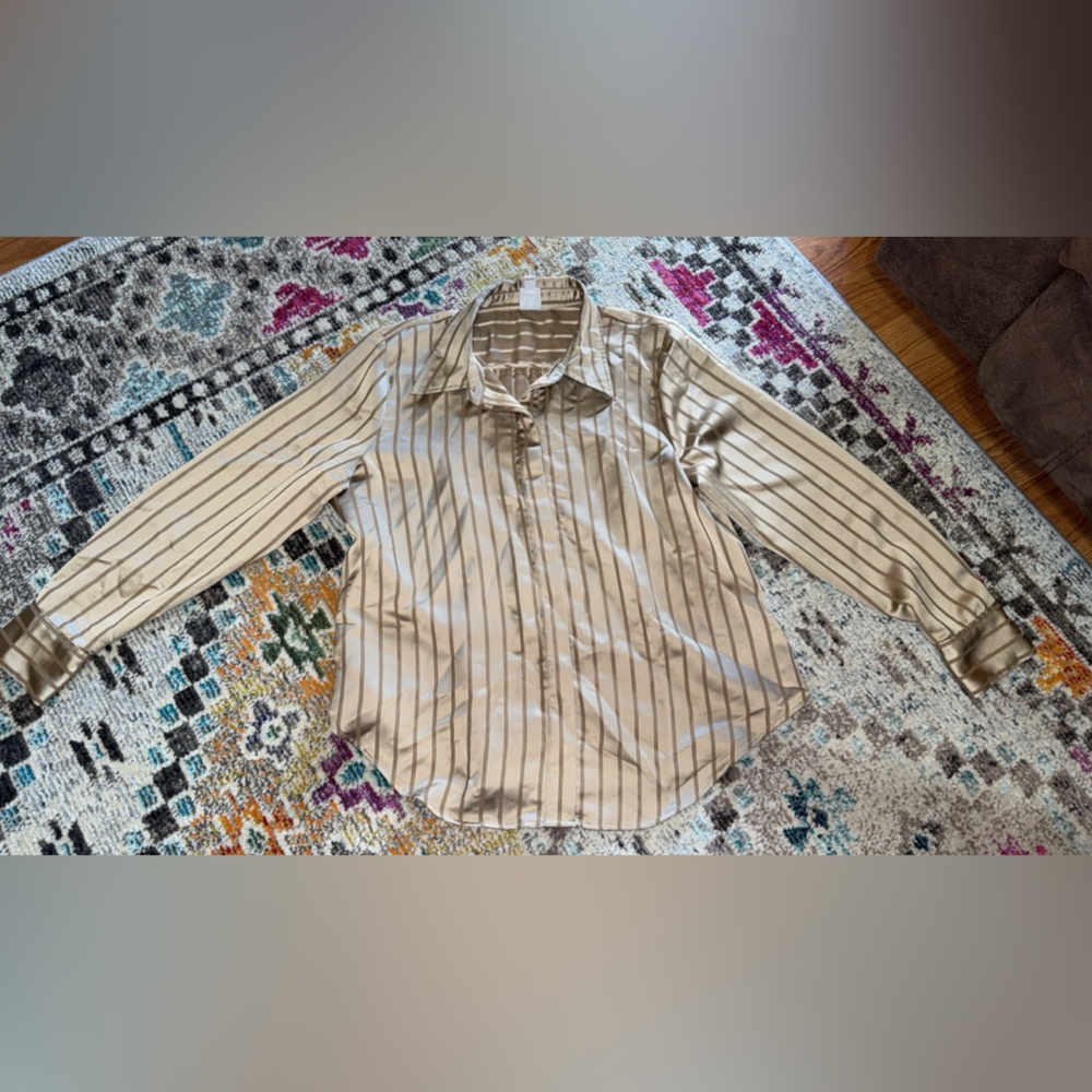 Worthington Beige Striped Button-Up Blouse
